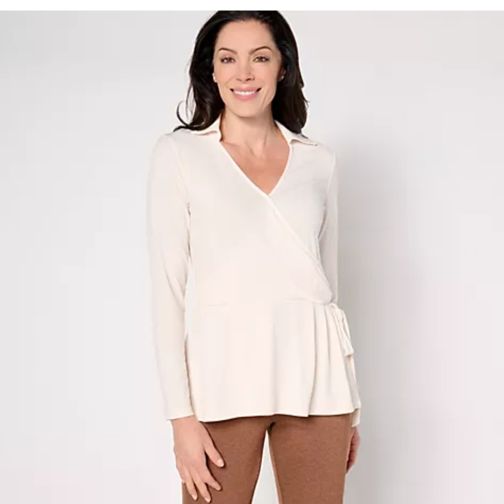NWOT Susan Graver Elegant Cream Wrap Top Size S